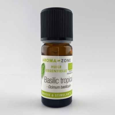 Frasco de óleo essencial de manjericão tropical Aroma-Zone em vidro castanho com tampa preta