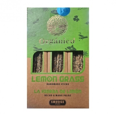 Embalagem verde e castanha de sticks orgânicos de lemon grass com janelas mostrando sticks secos.