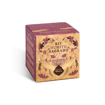 Caixa do Kit Humito Sagrado da Segredo Madre em papel kraft com texto e ilustrações florais
