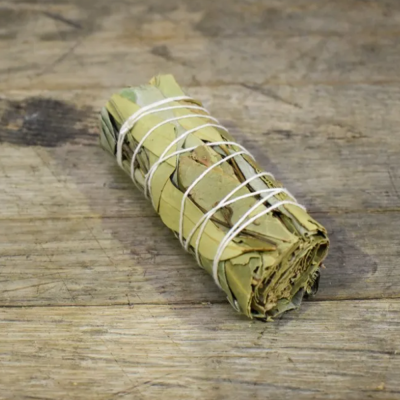 Maço de folhas verdes amarradas com corda sobre madeira