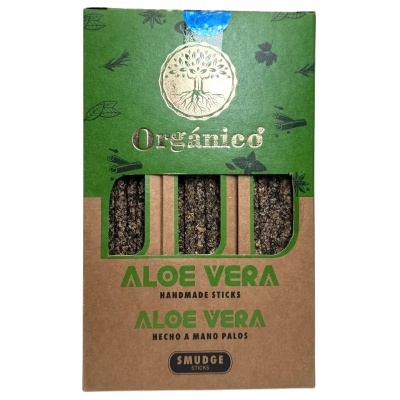 Embalagem de pauzinhos artesanais de Aloe Vera da marca Orgánico, verde e castanha, com janela transparente
