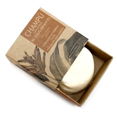 Champô sólido re-equilibrante em embalagem de cartão castanho com decoração de folhas