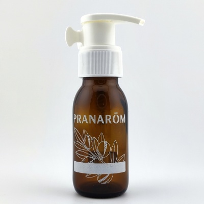 Frasco de vidro castanho com doseador branco da PRANARÔM