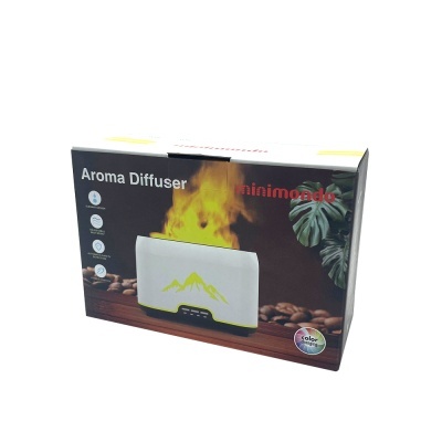Caixa de difusor de aroma branco com detalhes amarelos e emissão de vapor.