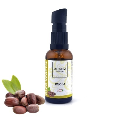 Frasco de óleo de jojoba, marca VALENTINA BODY CARE, fundo branco