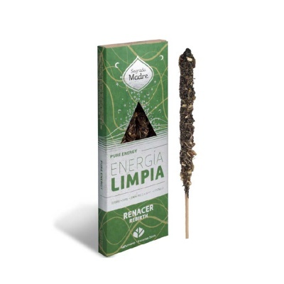 Embalagem verde de incenso com texto e um pau de incenso ao lado