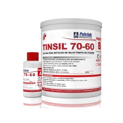 Recipientes plásticos brancos com tampas vermelhas rotulados como TINSIL 70-60 Parte A e B, descrição e instruções em espanhol