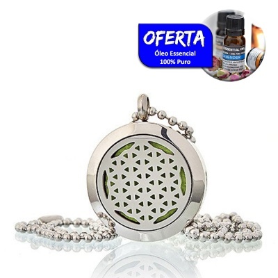 Colar difusor aromaterapia em metal prateado com padrão geométrico e etiqueta OFERTA Óleo Essencial 100% Puro