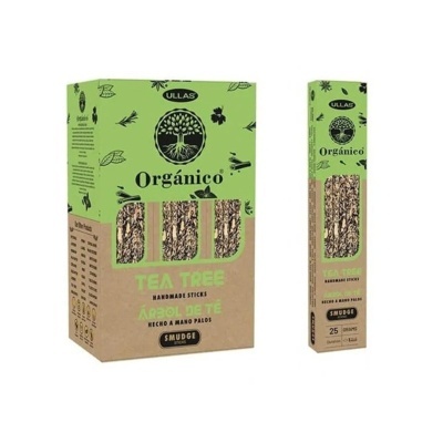 Caixas de incenso verde e bege Orgánico Tea Tree com texto em espanhol e inglês