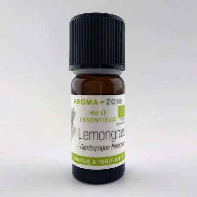 Frasco pequeno de óleo essencial de Lemongrass com rótulo branco e verde