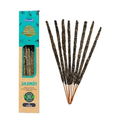 Incenso artesanal de jazmín em embalagem azul e bege com sete palitos marrons