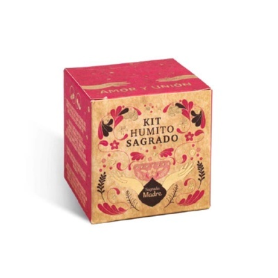 Caixa de kit de humito sagrado com design floral em vermelho, dourado e preto