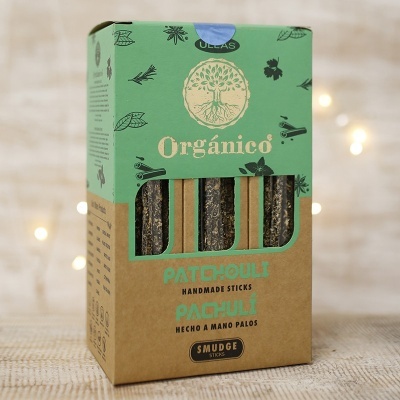 Caixa de pauzinhos de smudge orgânicos de patchouli com embalagem verde e castanha