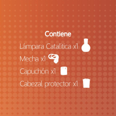 Lista de conteúdos em espanhol sobre uma Lámpara Catalítica com fundo laranja e padrão de círculos