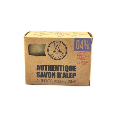 Caixa de sabonete Aleppo autêntico em cartão castanho com texto