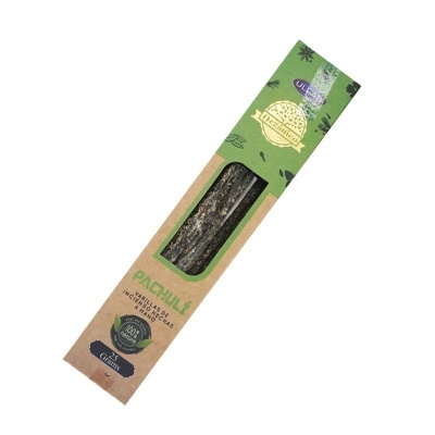 Embalagem de varilhas de incenso patchuli com design verde e castanho e texto em português