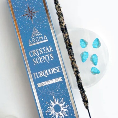Kit de fumo com caixa azul, pedras turquesa e incenso