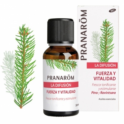 Frasco e caixa de óleo essencial Pranarôm La Difusión Fuerza y Vitalidad com ramos de pinheiro