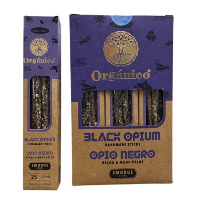 Embalagem de palitos artesanais para defumação Black Opium em cartão castanho e roxo