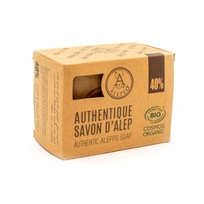 Embalagem de sabonete Autentique Savon d'Alep com 40% e selo BIO Cosmos Organic