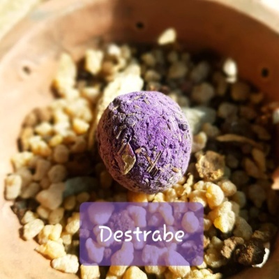 Semente roxa num vaso de barro com texto Destrabe