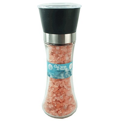 Moinho de sal rosa dos Himalaias em vidro com topo preto