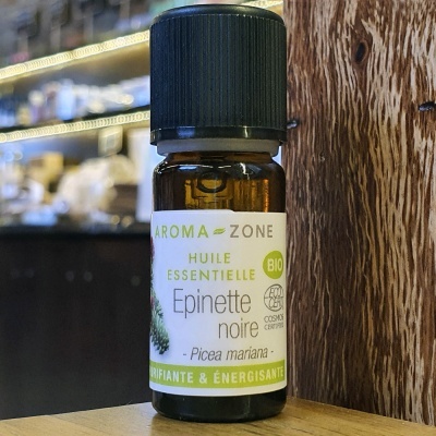 Frasco de óleo essencial de Epinette noire da Aroma-Zone em frasco âmbar com tampa preta