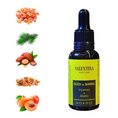 Frasco de óleo de barba VALENTINA com ingredientes naturais ao lado