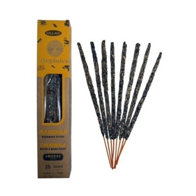 Paus de defumação de calêndula orgânica com embalagem amarela e castanha