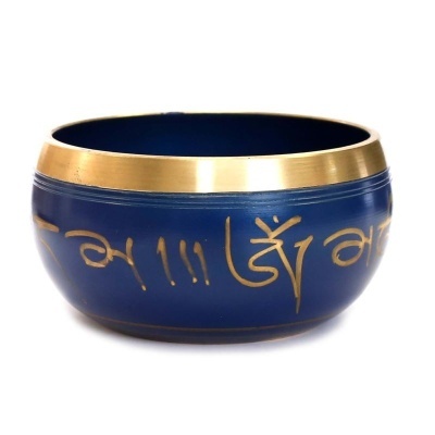 Taça azul com inscrições douradas e borda metálica dourada