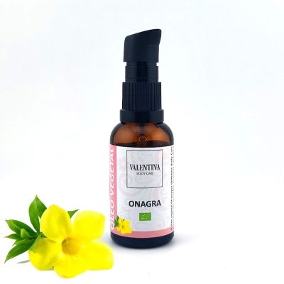 Frasco do produto Valentina Body Care Onagra com doseador preto e flor amarela ao lado