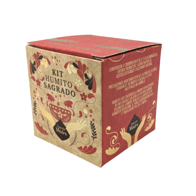 Caixa de kit húmido sagrado em papelão decorado com texto e ilustrações florais.