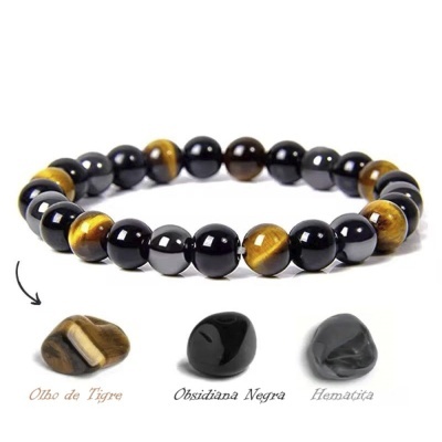 Pulseira com contas de Olho de Tigre e Obsidiana Negra e três pedras polidas mostradas separadamente