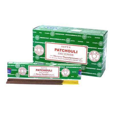 Caixa e embalagem de incenso Satya Patchouli com varas de incenso