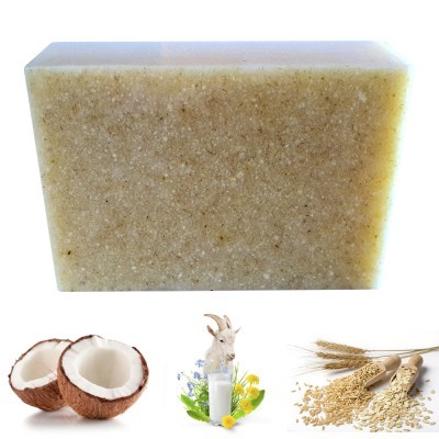 Sabonete sólido bege texturizado com imagens de coco, cabra com leite e aveia