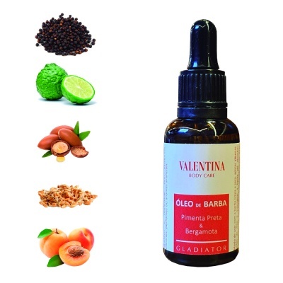 Frasco de óleo de barba VALENTINA BODY CARE com conta-gotas e ingredientes naturais ao lado