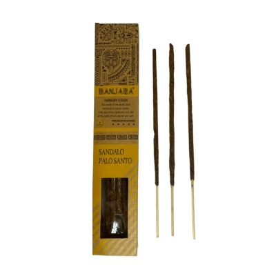 Caixa amarela de incenso Banjara Sandalo Palo Santo com três paus de incenso
