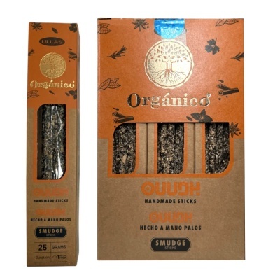 Caixas de pauzinhos para defumar orgânicos em embalagem de papel com design laranja e castanho.