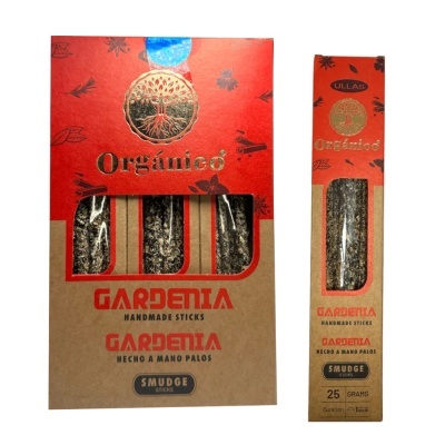 Embalagem de incensos artesanais de vara aroma Gardênia com texto e selos em vermelho e castanho