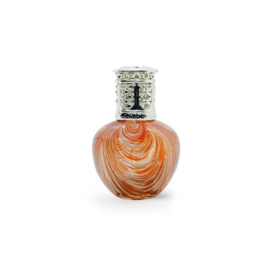 Frasco decorativo de vidro com padrão swirl em tons de laranja e tampa metálica prateada