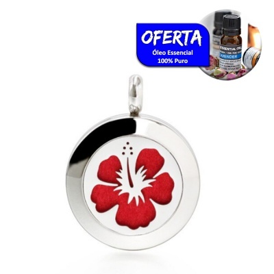 Colar pendente redondo prateado com flor vermelha central