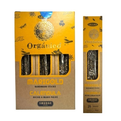 Embalagem de sticks artesanais para incenso com cores amarelo e castanho e sticks visíveis