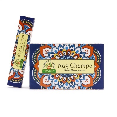 Embalações de incenso Nag Champa com padrão mandala colorido e texto natural masala incense.