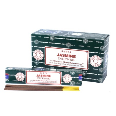 Caixa e embalagem de incenso Satya Jasmine com varetas castanhas e amarelas
