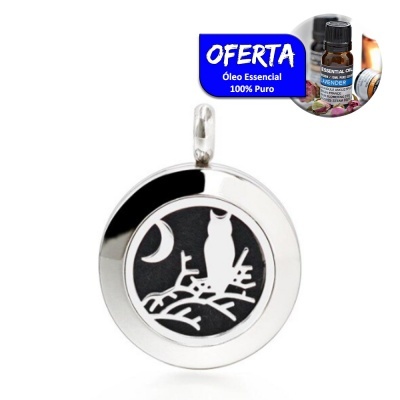Pingente redondo prateado com coruja e selo azul de oferta de óleo essencial