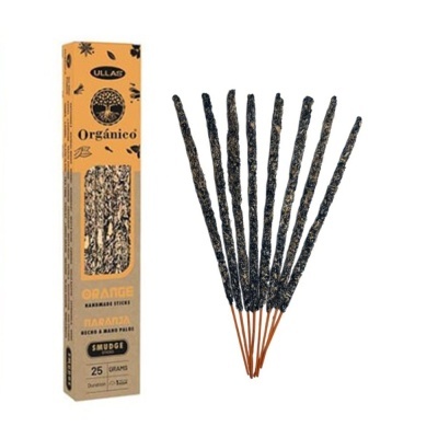 Incenso orgânico Ullas Orange com palitos e embalagem laranja