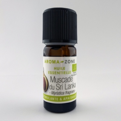 Frasco pequeno de óleo essencial Aromazone de noz-moscada do Sri Lanka com tampa preta.