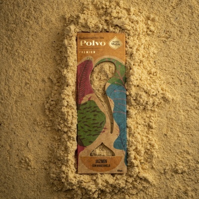 Embalagem de incenso em pó Jazmín com Manzanilla sobre pó amarelo claro