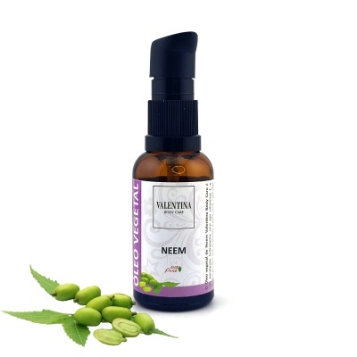 Frasco de óleo vegetal de Neem VALENTINA BODY CARE com frutas e folhas de Neem