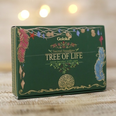 Caixa verde de incenso Goloka TREE OF LIFE com decoração colorida e dourada